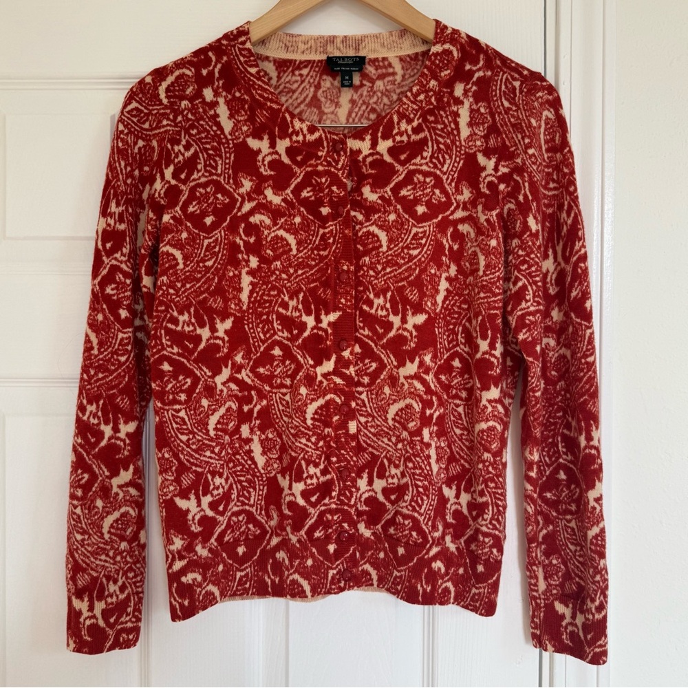 Talbots 100% Merino Wool cardigan - red and cream medium